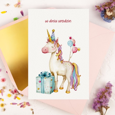 Kartka na urodziny dziecka z pięknym jednorożcem i prezentem - Unicorn